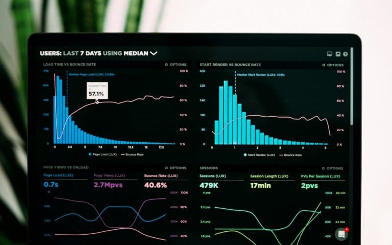 Gráfico de desempenho de marketing analisado em notebook