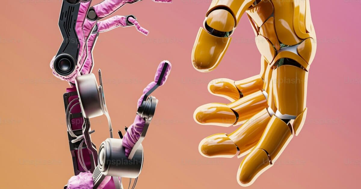 Robô e mão humana se aproximando, representando interação com IA