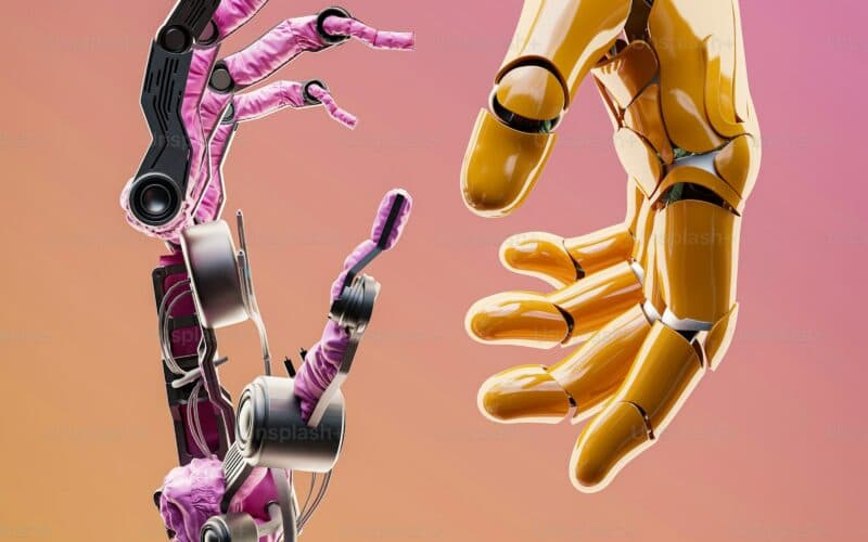 Robô e mão humana se aproximando, representando interação com IA